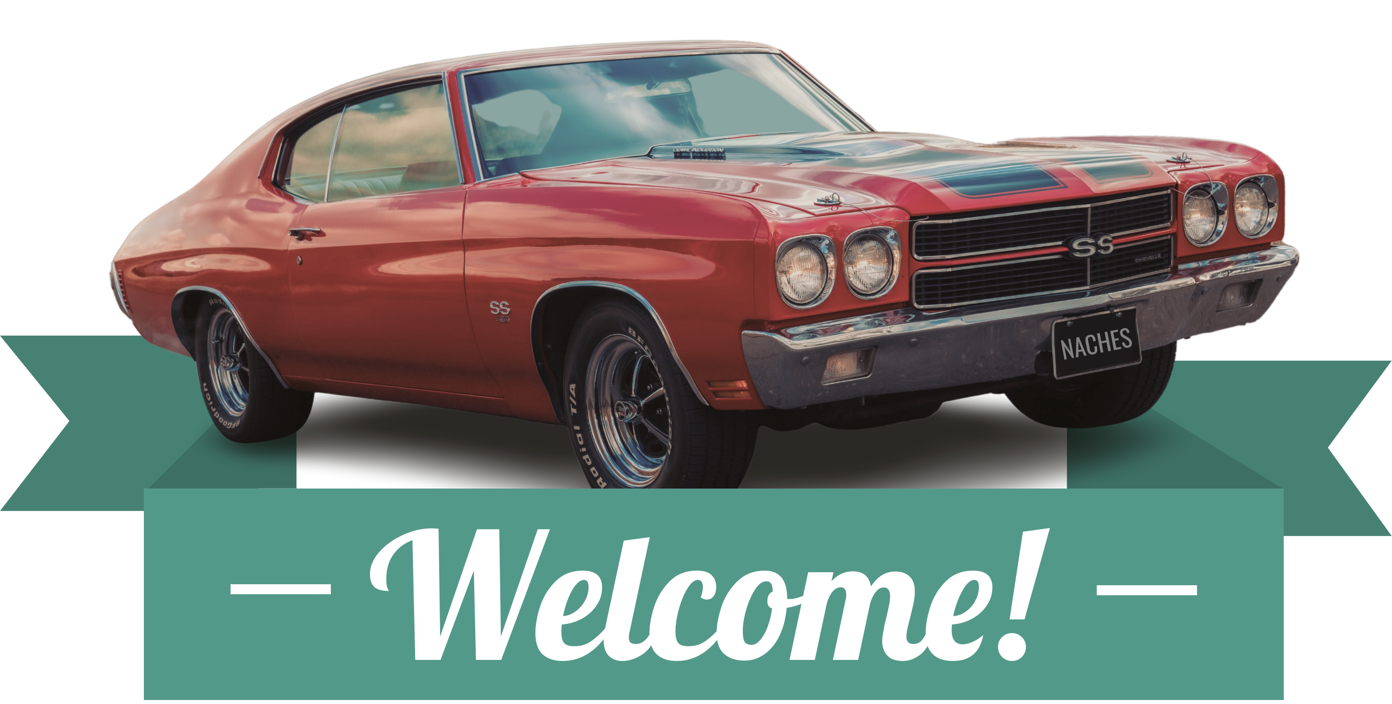 picture of red car with banner reading WELCOME!