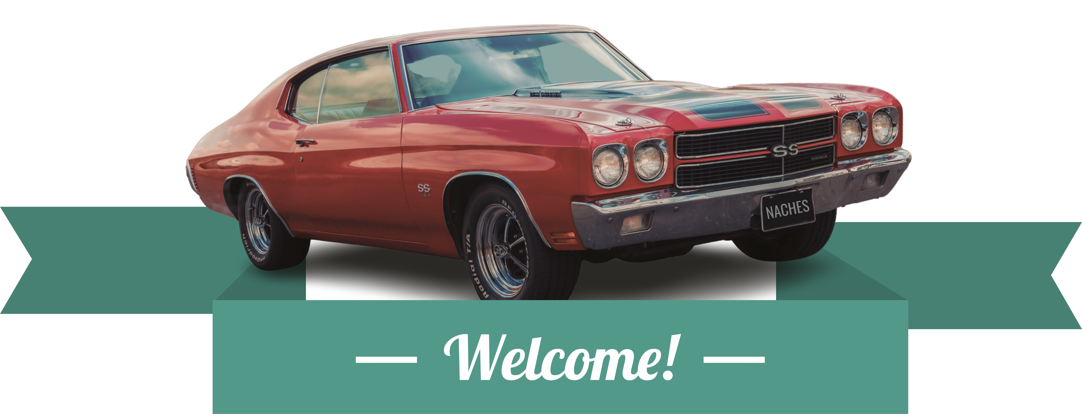picture of red car with banner reading WELCOME!